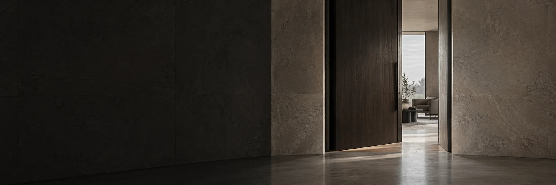 A dark wooden door left ajar onto a quiet, daylit sitting room.