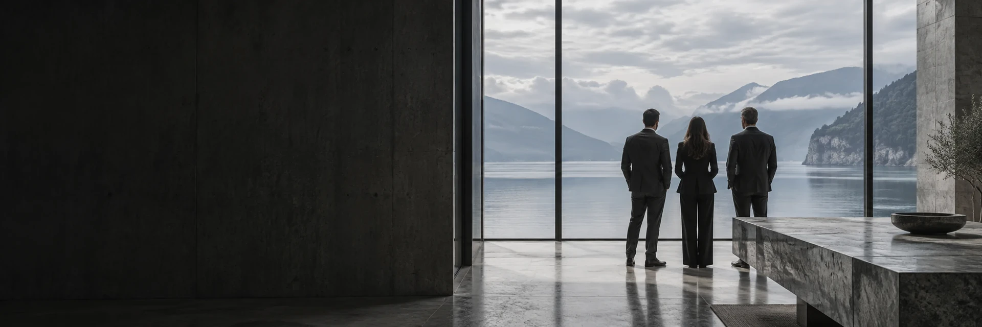 Three colleagues in silhouette at a tall window overlooking a mountain lake.